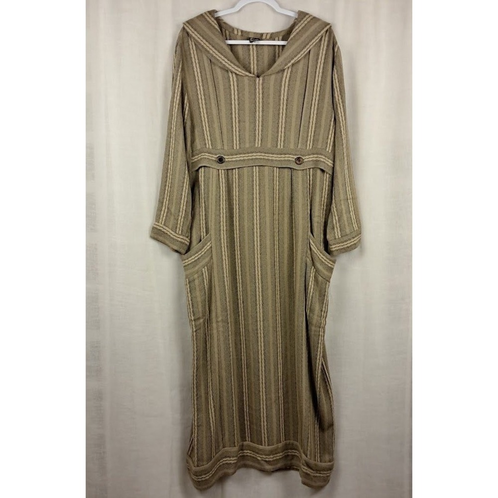 Patina Vintage 90s Moroccan Kaftan Style Maxi Dress Shawl Collar Olive Stripe M